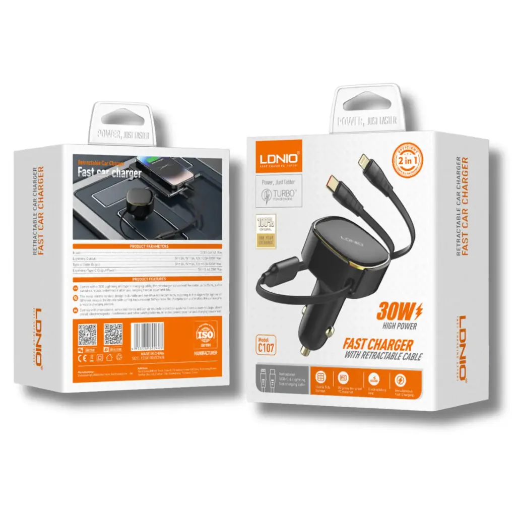 Cargador Auto cable TPC IP 30W LDNIO 2en1 C107
